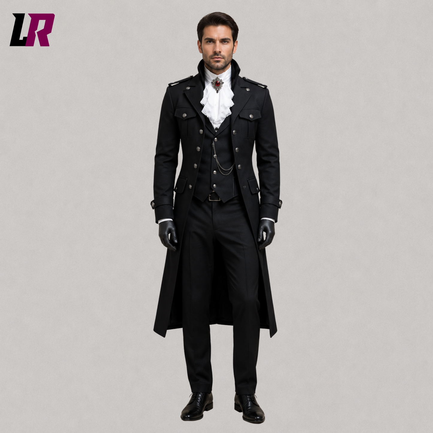 Front view of men's black Gothic Victorian military tailcoat with elegant long coat design