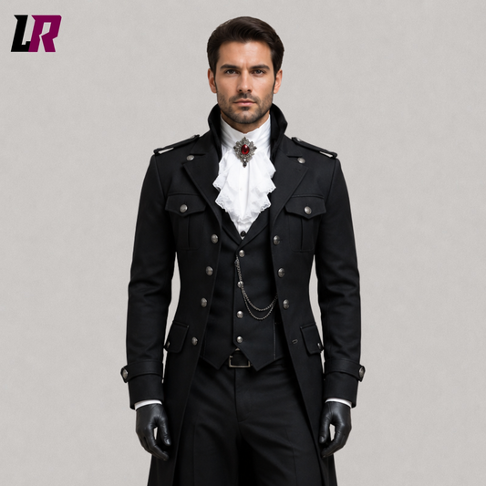 Close-up of men's black Gothic military tailcoat featuring premium tailoring and military-inspired detailing