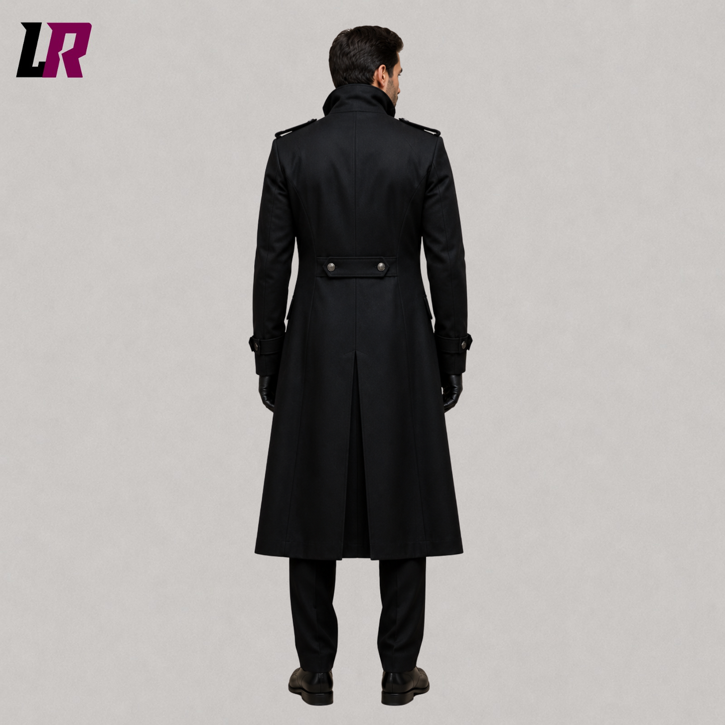 Back view of men's black Victorian military tailcoat showing the full-length tailored silhouette
