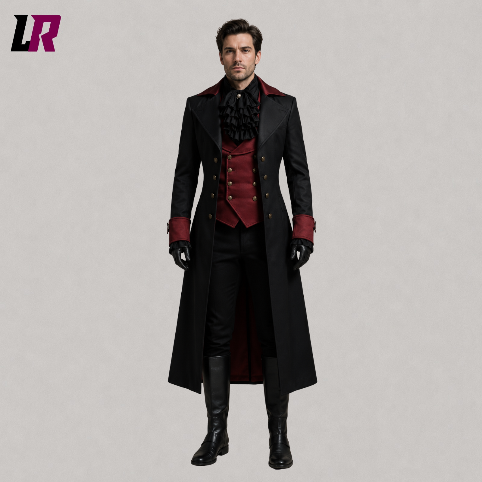 Front view of men's Victorian Gothic vampire tailcoat with steampunk-inspired long coat silhouette