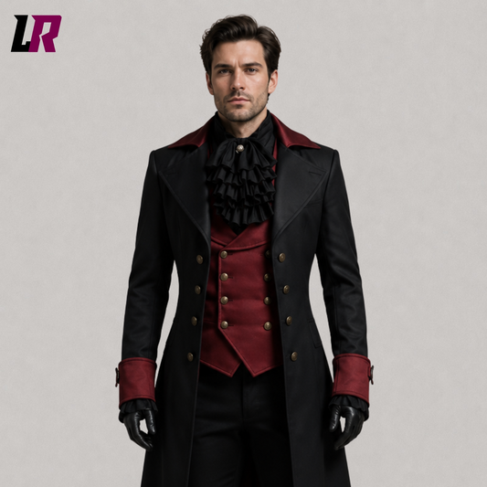 Close-up of men's Victorian Gothic long coat featuring premium handmade tailoring and elegant historical detailing