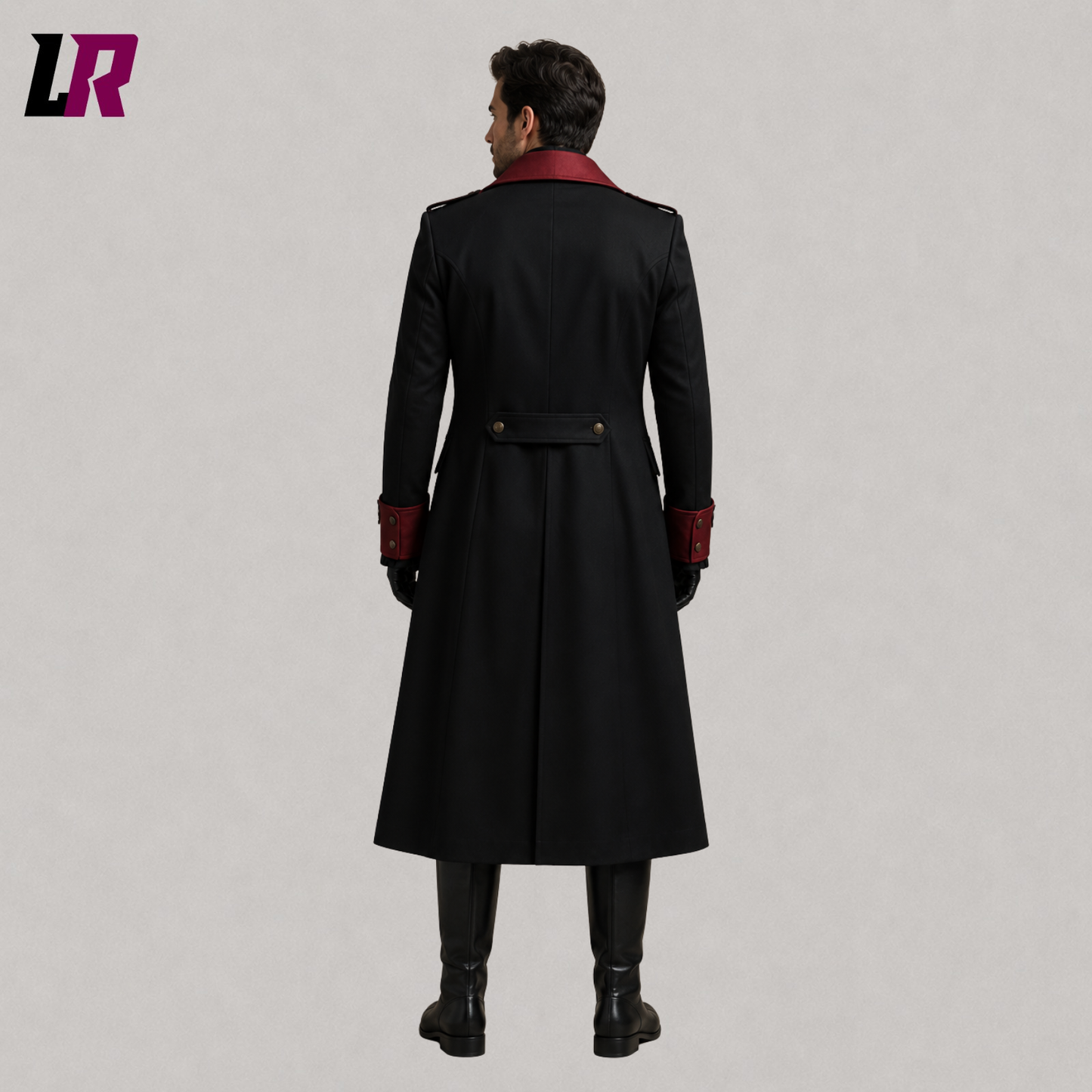 Back view of men's Victorian Gothic long coat showing the elegant full-length tailored design