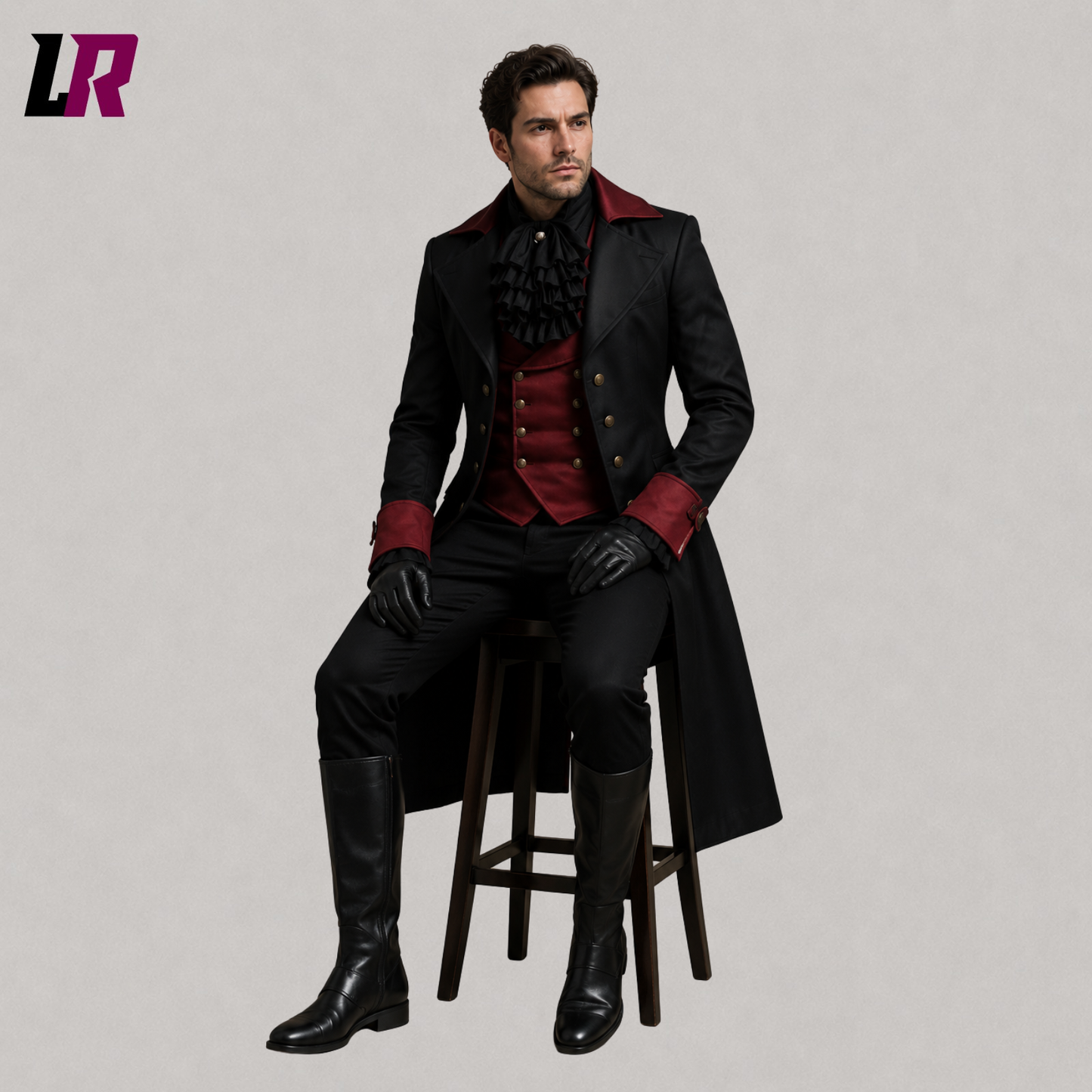 Man sitting on a stool wearing a Victorian Gothic long coat for weddings, cosplay, and formal occasions