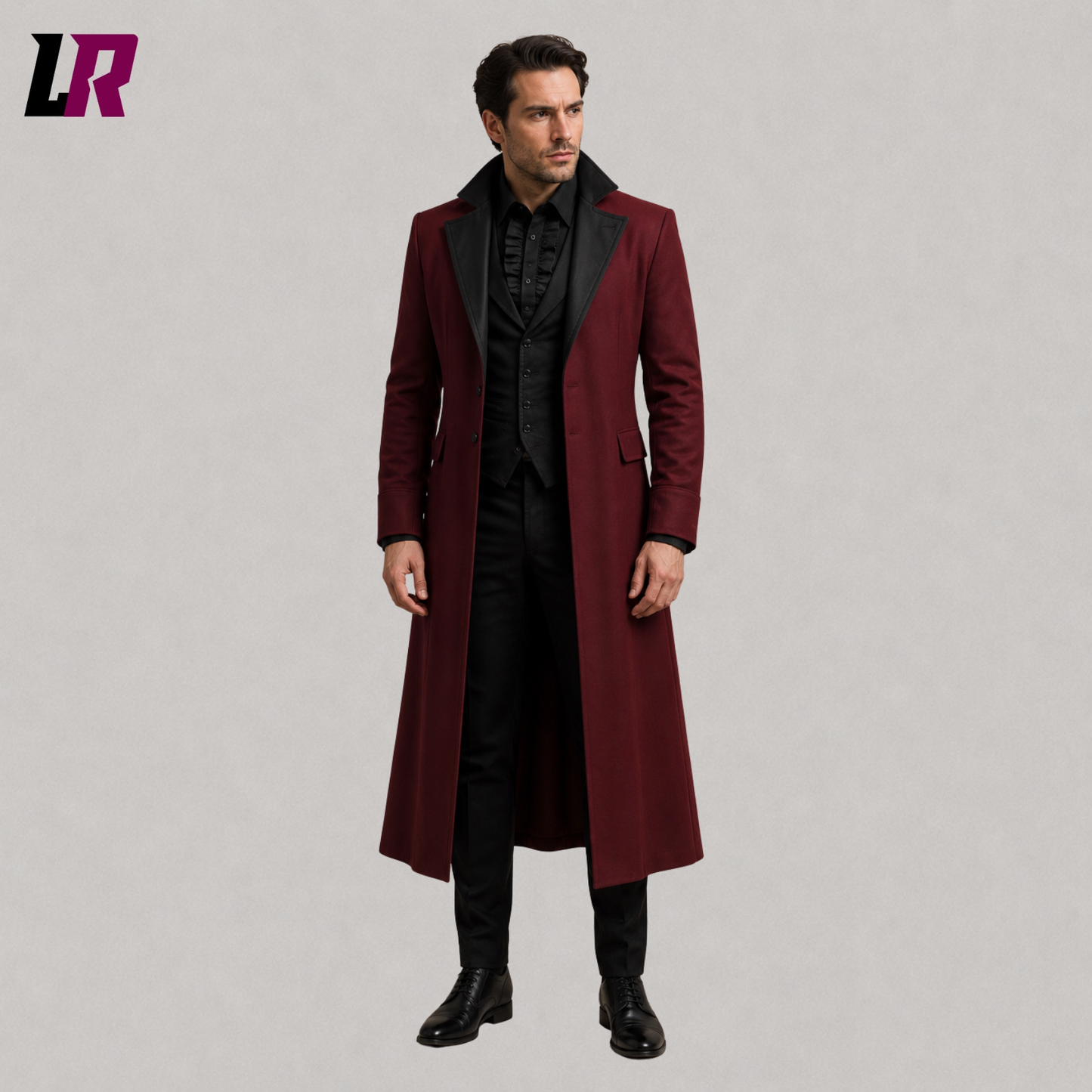 Front view of men's burgundy Victorian Gothic long tailcoat with steampunk-inspired formal styling