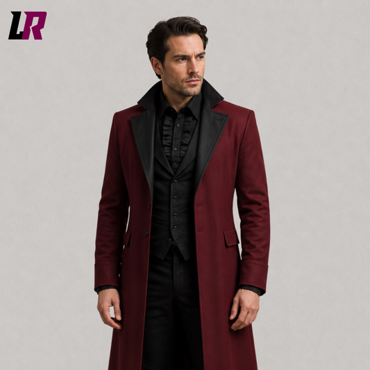 Close-up of men's burgundy Victorian Gothic tailcoat featuring premium tailoring and elegant handcrafted details