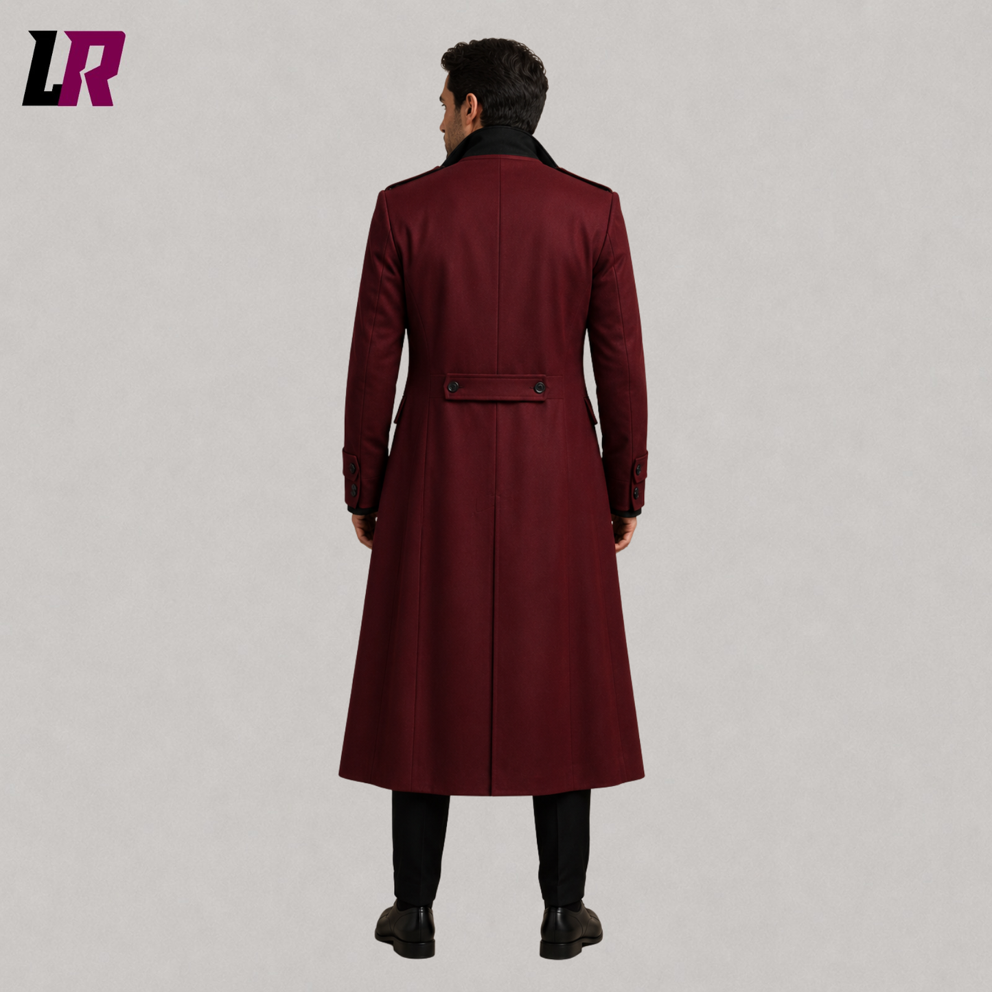 Back view of men's burgundy Victorian Gothic tailcoat showing the elegant full-length silhouette