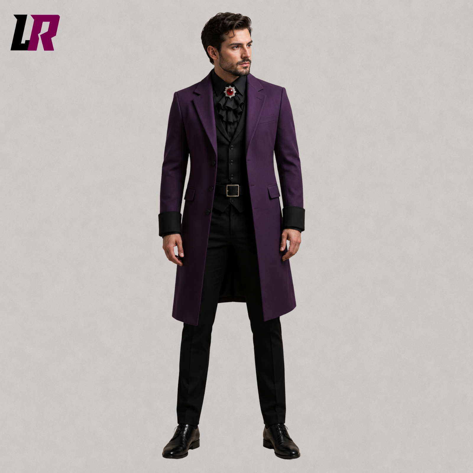 Front view of men's purple Victorian Gothic long tailcoat with steampunk-inspired formal styling