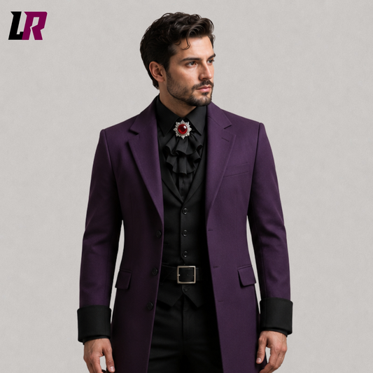 Close-up of men's purple Victorian Gothic tailcoat featuring premium tailoring and elegant handcrafted details