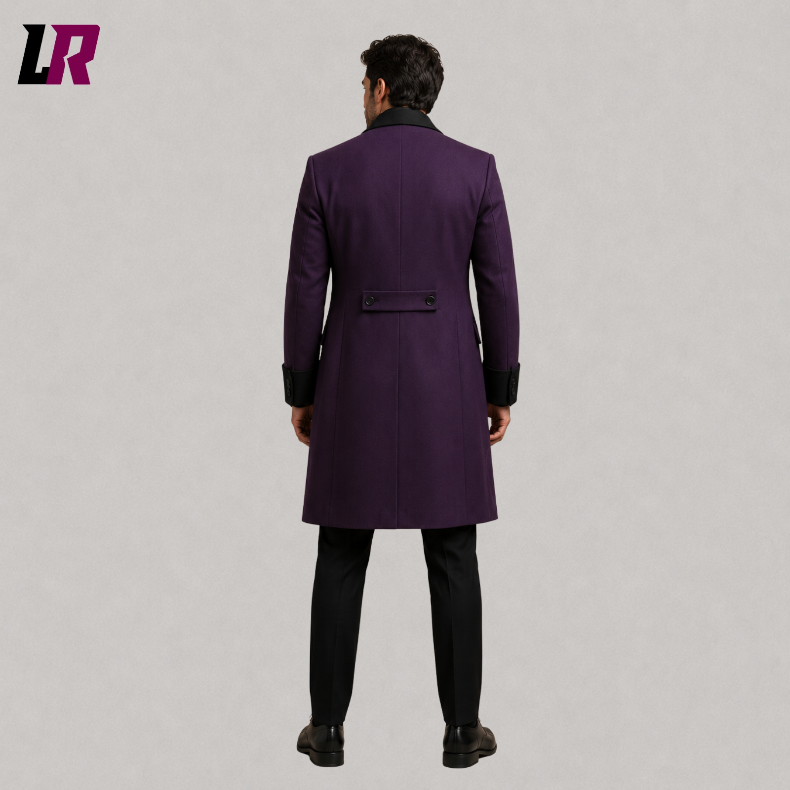 Back view of men's purple Victorian Gothic tailcoat showing the elegant full-length tailored silhouette