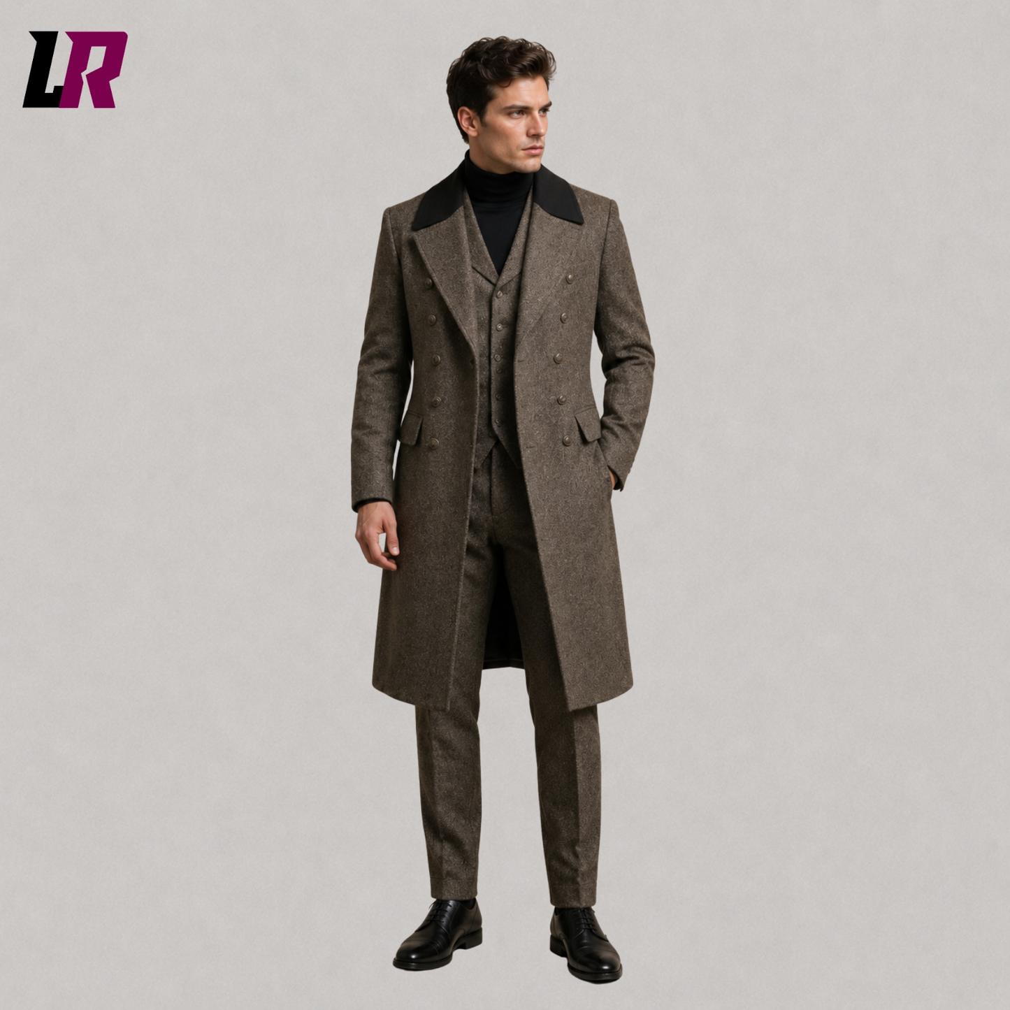 Front view of men's tweed 3-piece overcoat suit with matching waistcoat and tailored trousers