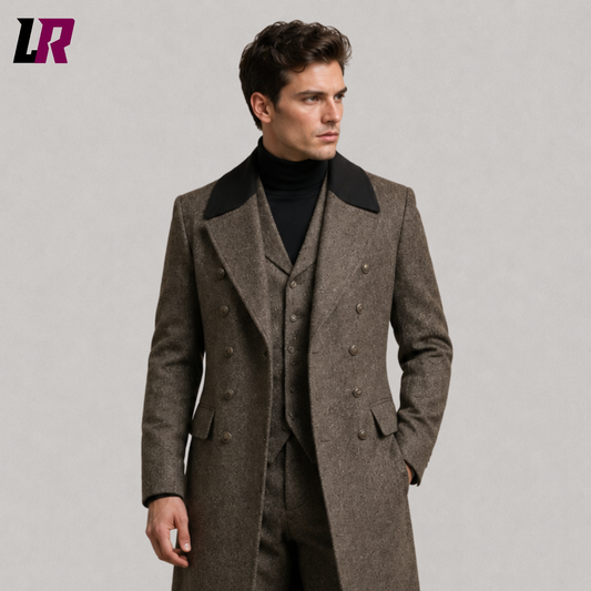 Close-up of men's tweed overcoat suit featuring premium wool fabric and classic tailored craftsmanship