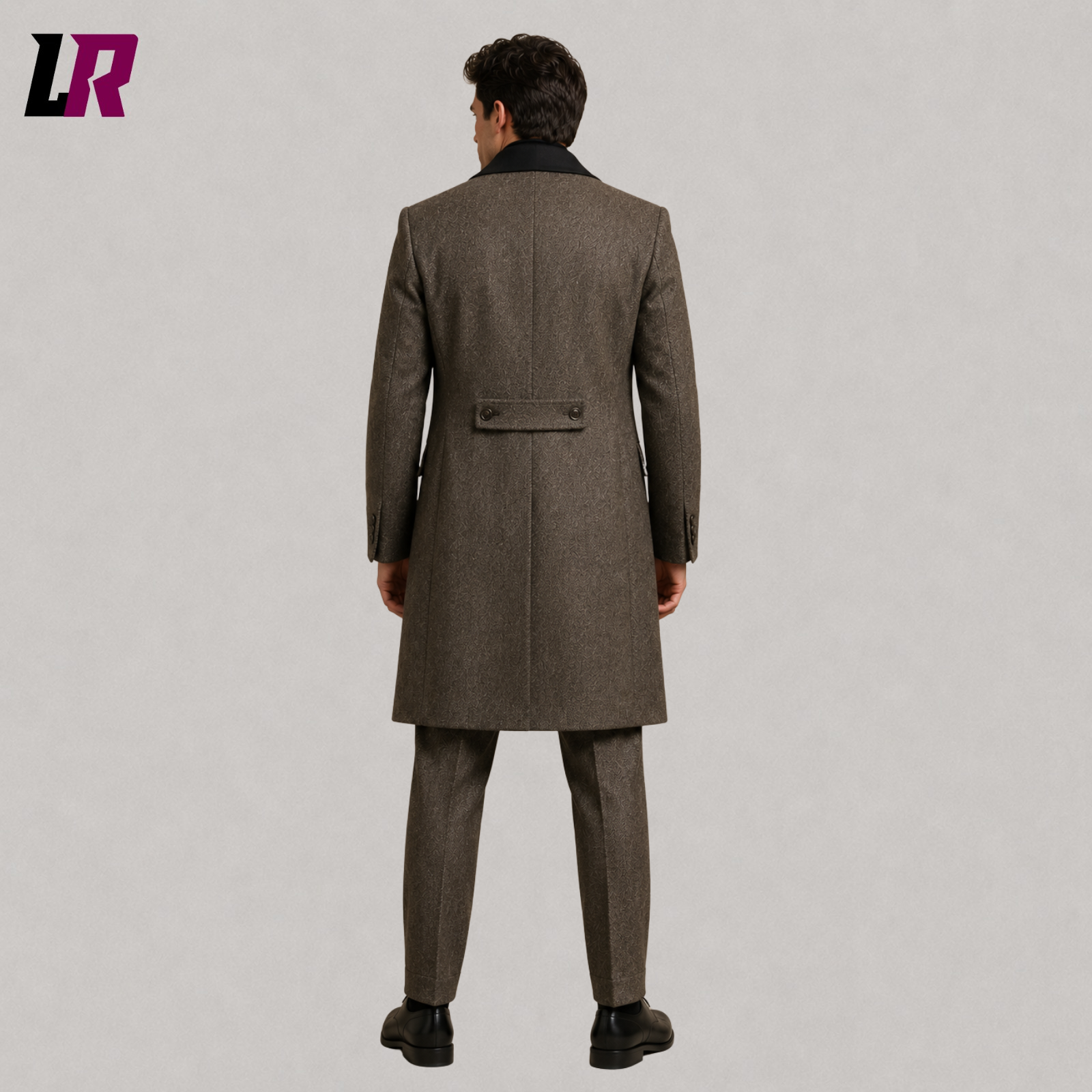Back view of men's vintage tweed long overcoat suit showing the elegant tailored silhouette