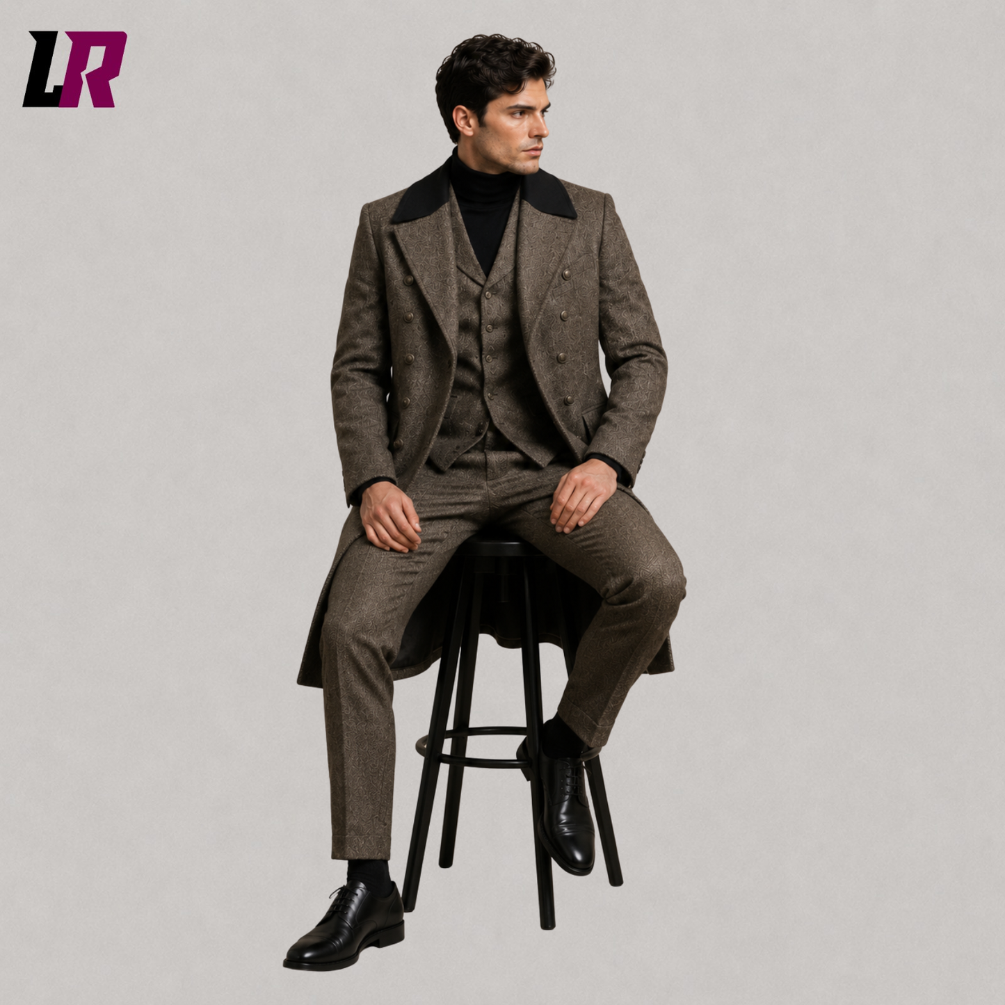 Man sitting on a stool wearing a tweed 3-piece overcoat suit for weddings and winter formal occasions
