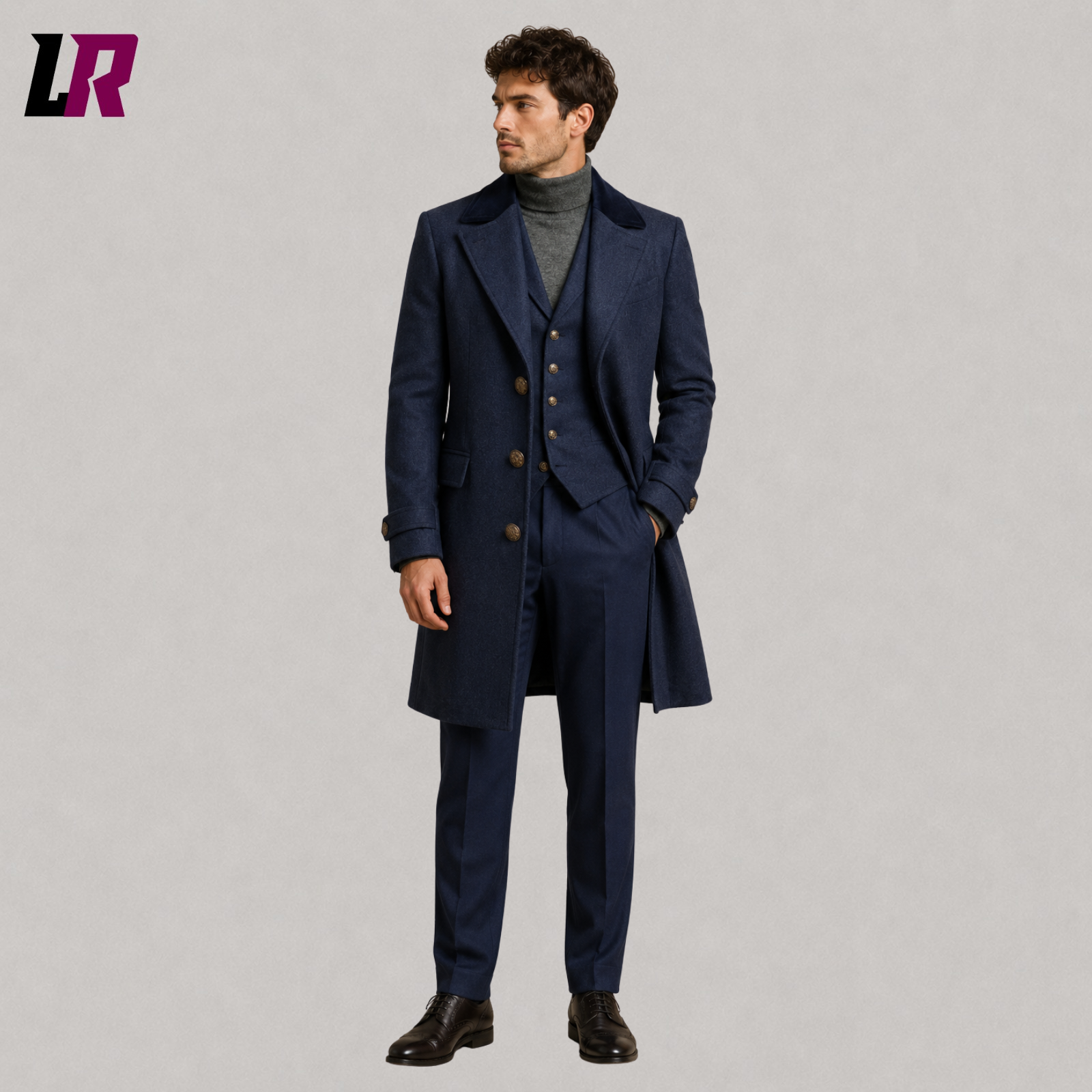 Front view of men's grey herringbone tweed 3-piece suit with matching waistcoat and tailored trousers