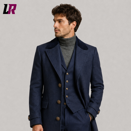Close-up of men's grey herringbone tweed long coat featuring premium wool fabric and contrast collar detailing