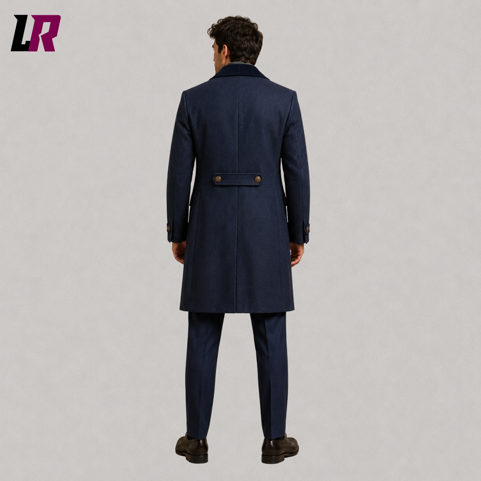 Back view of men's grey herringbone tweed long coat showing the elegant tailored silhouette