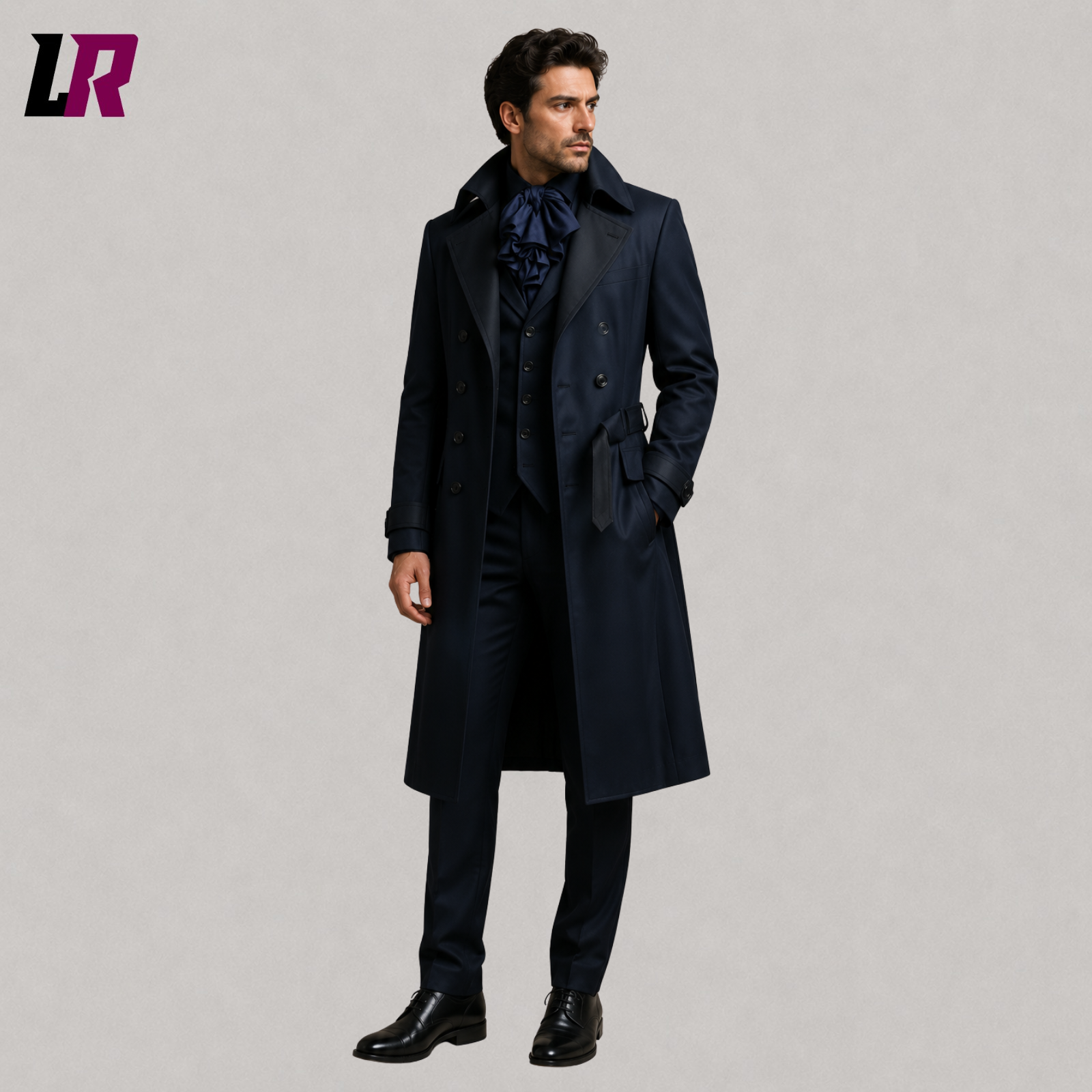 Front view of men's navy Victorian Gothic long tailcoat with steampunk-inspired formal styling