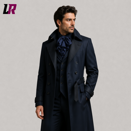 Close-up of men's navy Victorian Gothic tailcoat featuring premium tailoring and elegant handcrafted details