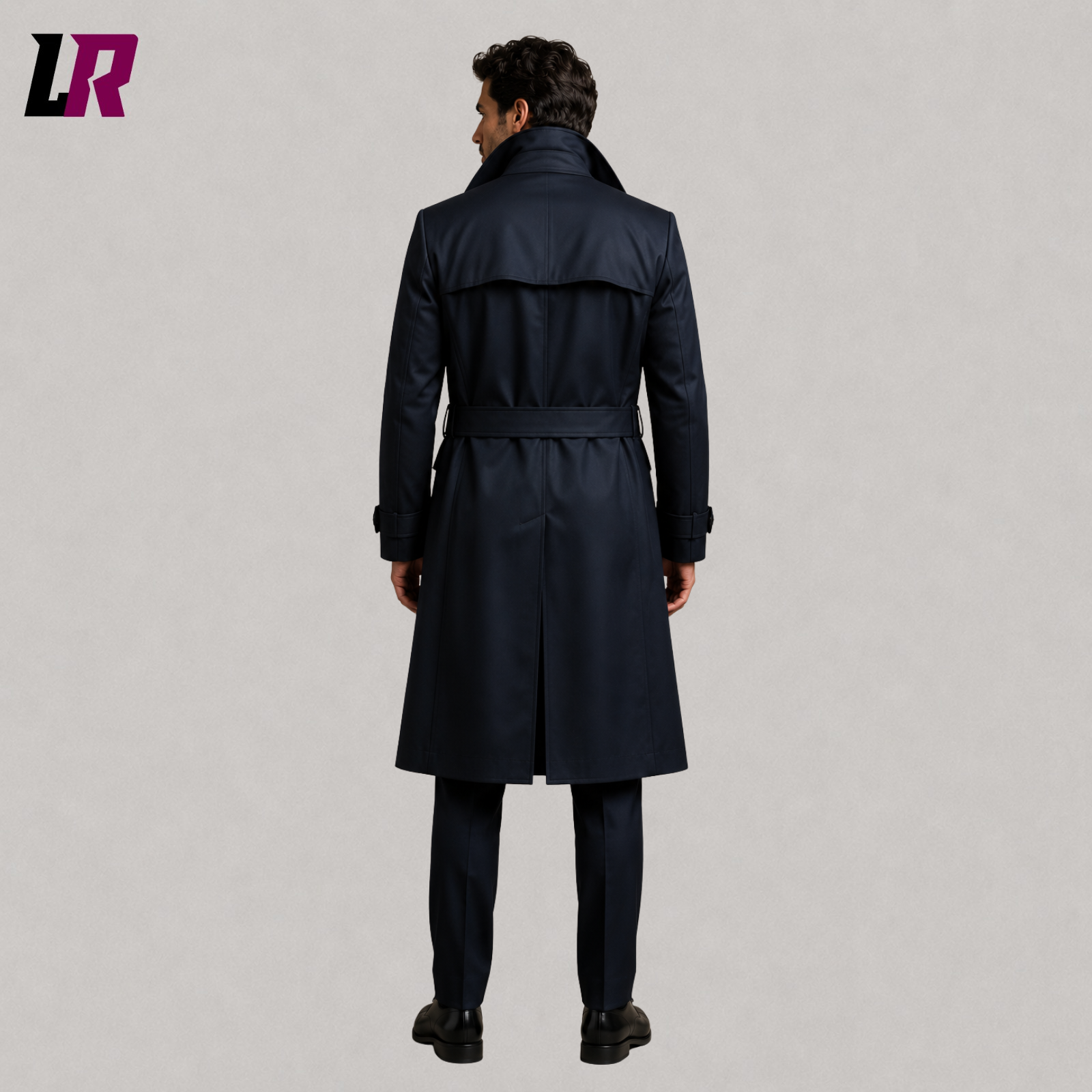 Back view of men's navy Victorian Gothic tailcoat showing the elegant full-length tailored silhouette