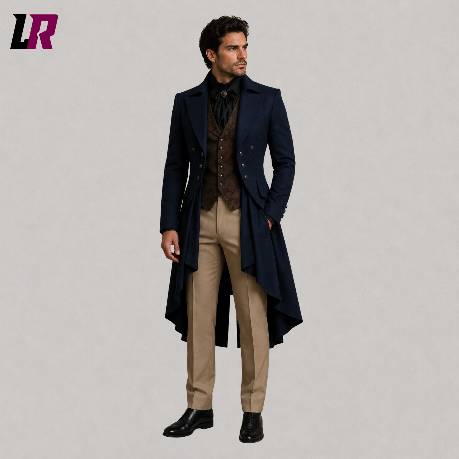 Front view of men's navy Victorian Gothic 3-piece tailcoat suit with matching waistcoat and tailored trousers