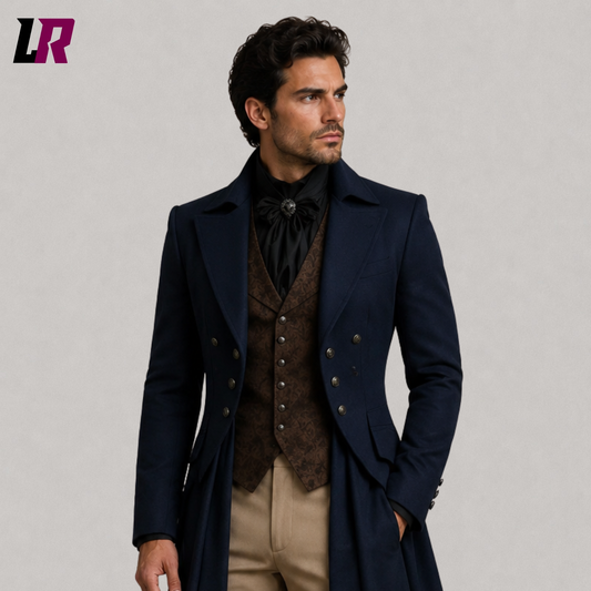 Close-up of men's navy Victorian Gothic tailcoat suit featuring premium tailoring and elegant formal details