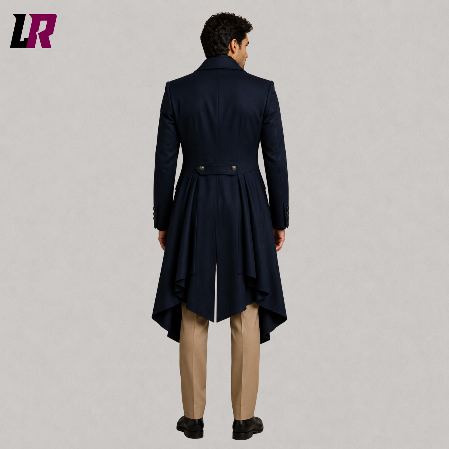 Back view of men's navy Victorian tailcoat suit showing the elegant long coat silhouette