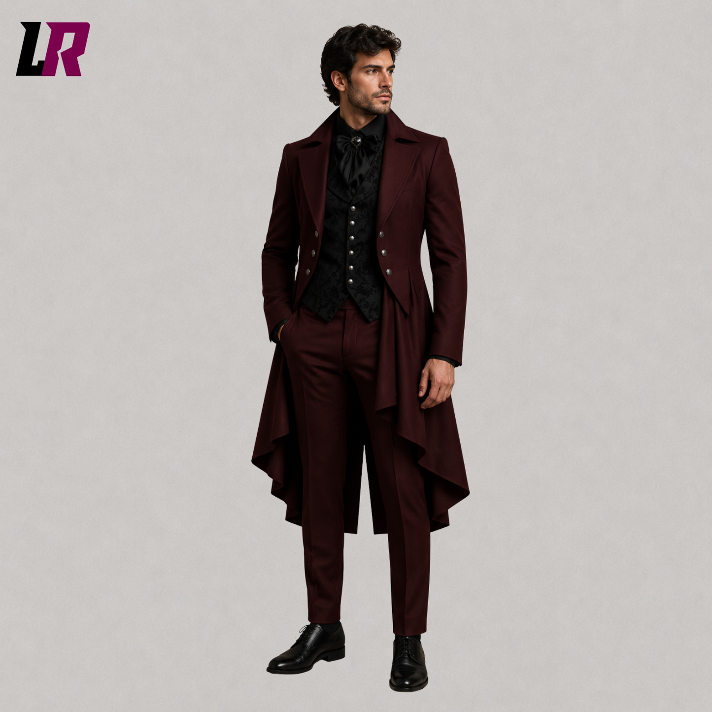Front view of men's burgundy Victorian Gothic 3-piece tailcoat suit with matching waistcoat and tailored trousers
