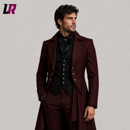 Close-up of men's burgundy Victorian Gothic tailcoat suit featuring premium tailoring and elegant formal detailing