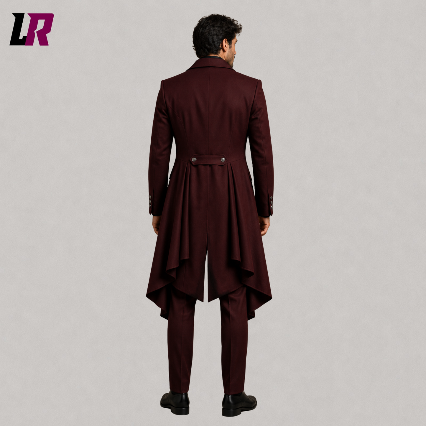 Back view of men's burgundy Victorian tailcoat suit showing the elegant long coat silhouette