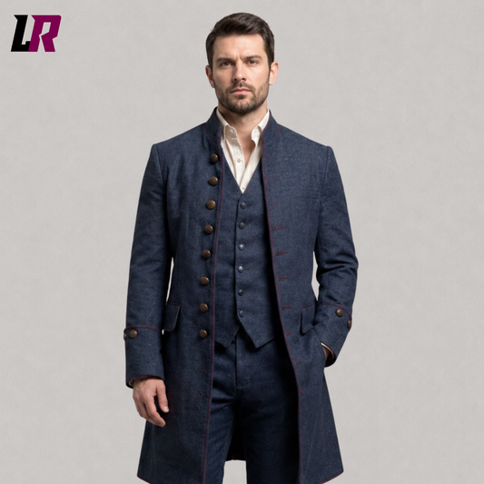 Close-up of men's blue Victorian Edwardian tailcoat suit featuring premium tailoring and elegant formal detailing