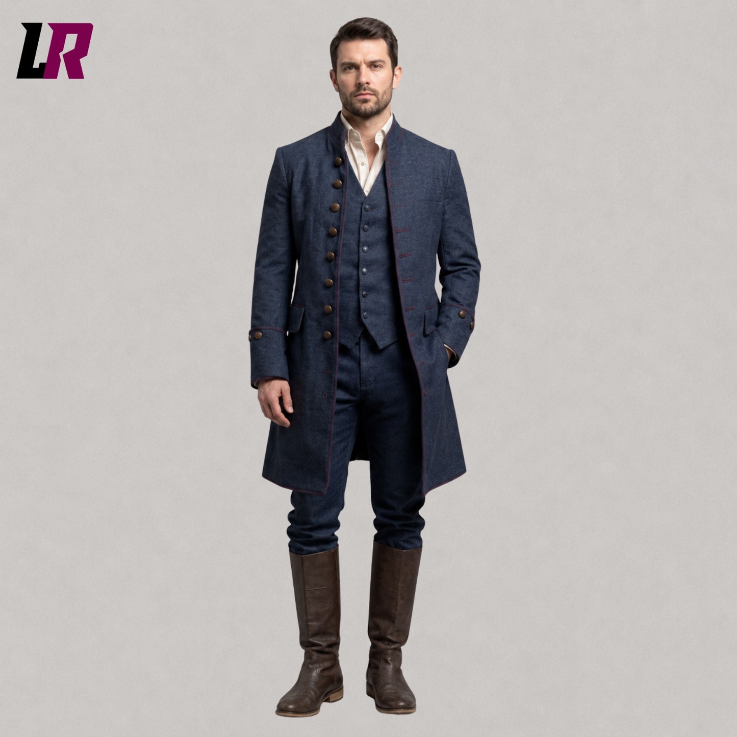 Front view of men's blue Victorian Edwardian 3-piece tailcoat suit with matching waistcoat and tailored trousers