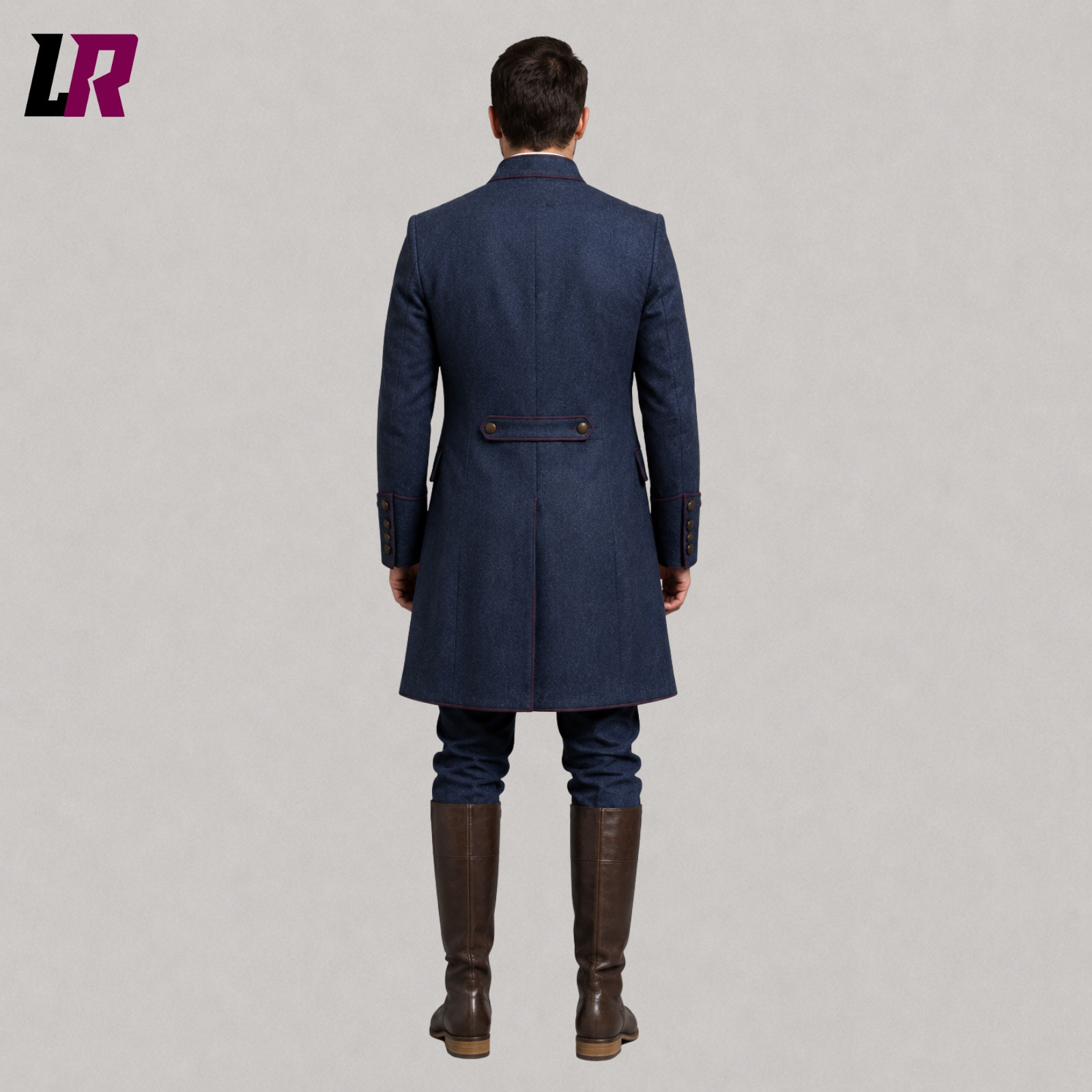 Back view of men's blue Victorian tailcoat suit showing the elegant long frock coat silhouette
