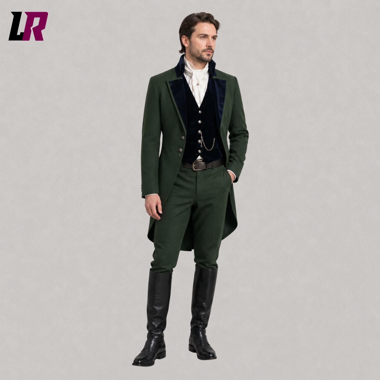 Front view of men's green Victorian Edwardian 3-piece tailcoat suit with matching waistcoat and tailored trousers