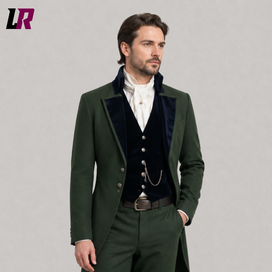 Close-up of men's green Victorian Edwardian tailcoat suit featuring premium tailoring and elegant formal detailing