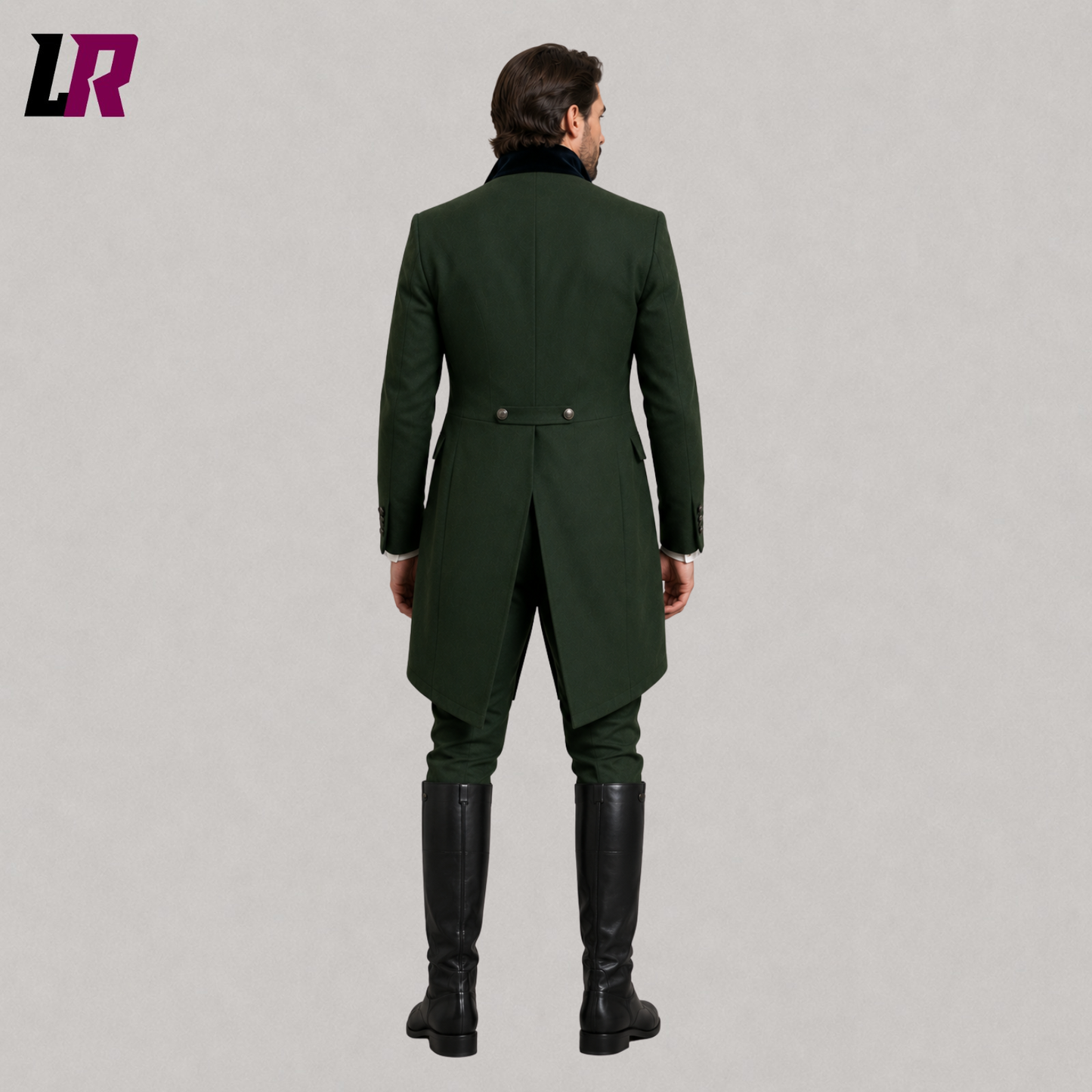 Back view of men's green Victorian tailcoat suit showing the elegant long frock coat silhouette