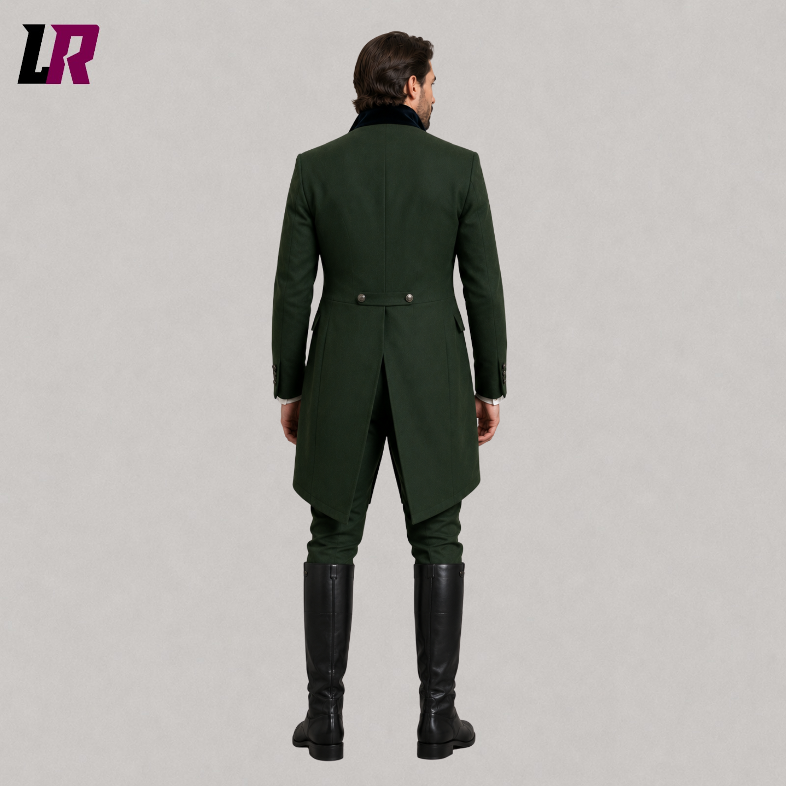 Back view of men's green Victorian tailcoat suit showing the elegant long frock coat silhouette