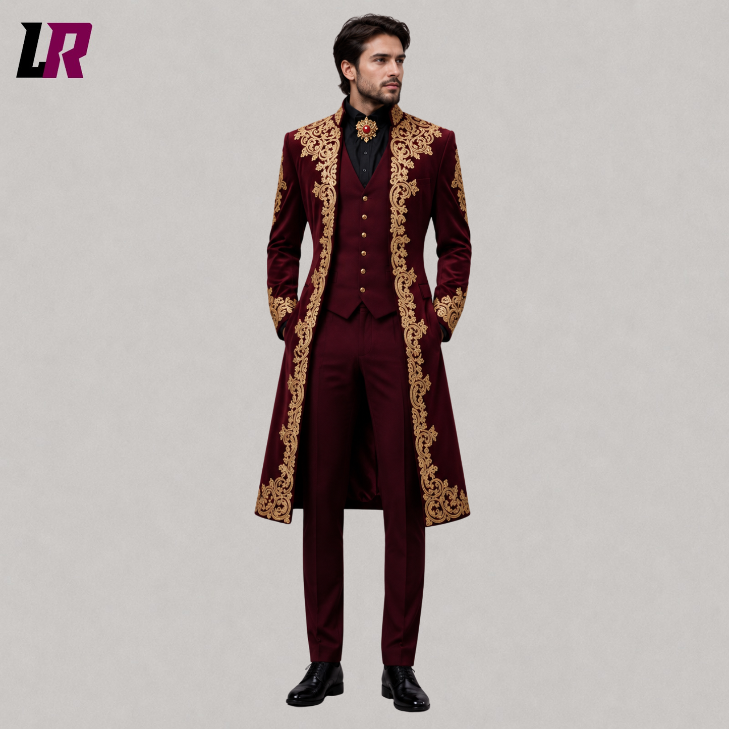 Front view of men's burgundy velvet Gothic Victorian 3-piece suit with embroidered tailcoat, matching waistcoat, and tailored trousers