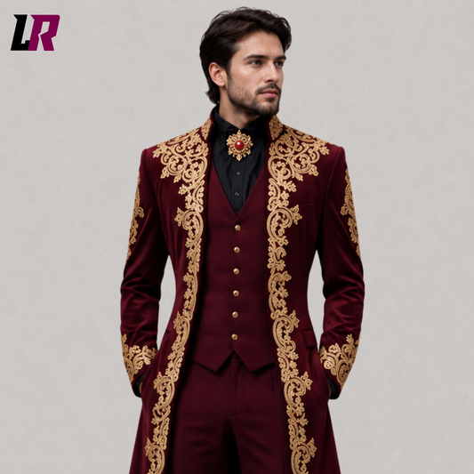 Close-up of men's burgundy velvet Gothic Victorian embroidered tailcoat suit featuring luxurious velvet fabric and premium detailing