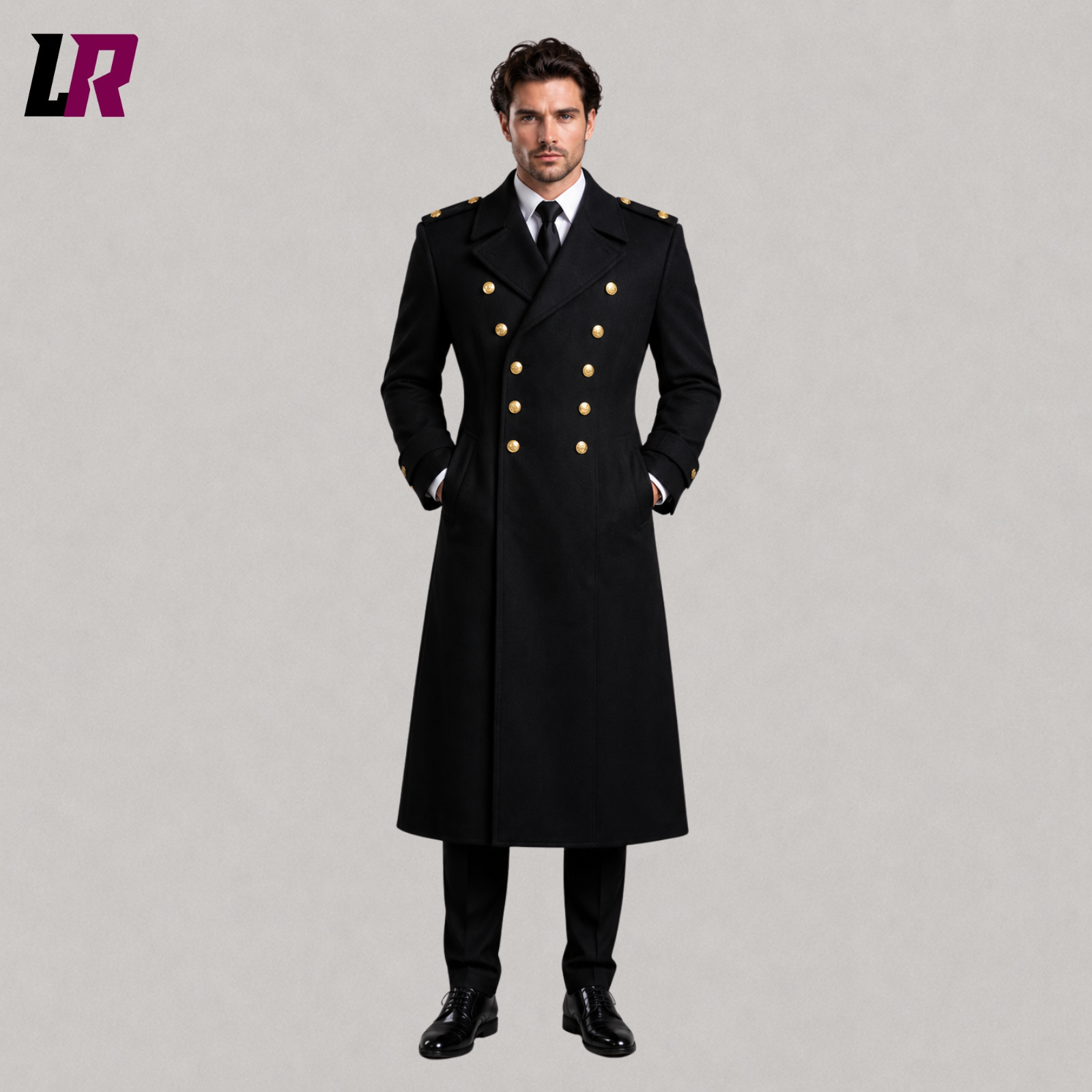 Front view of men's black military style wool trench coat with Victorian-inspired tailored silhouette