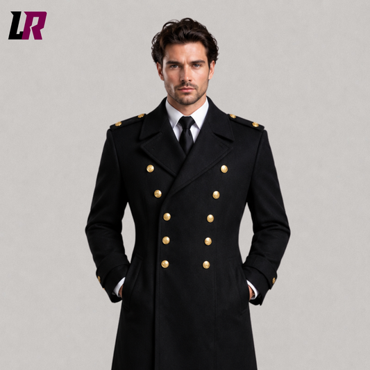 Close-up of men's black military wool trench coat featuring premium wool fabric and double-breasted detailing