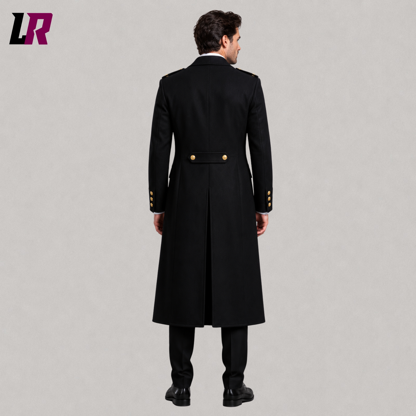 Back view of men's black military wool greatcoat showing the elegant full-length tailored design