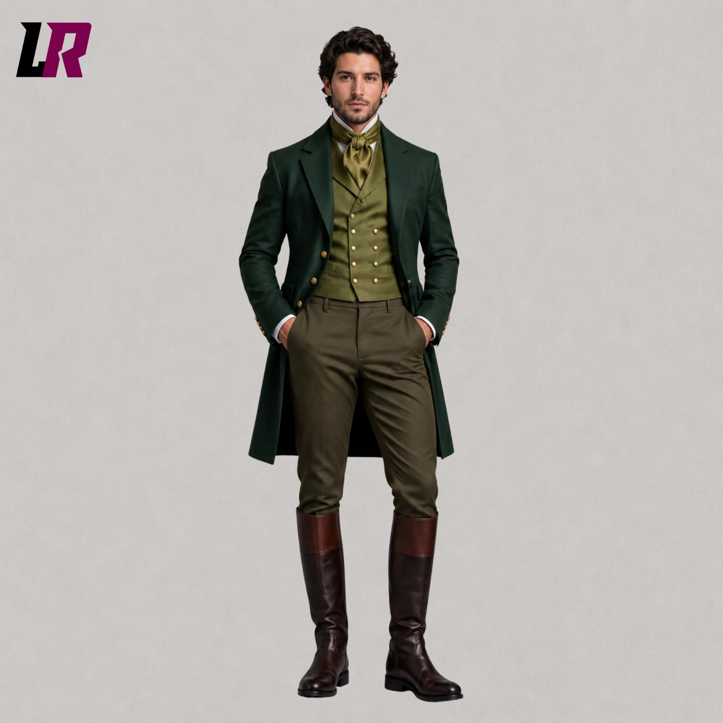 Front view of men's green Regency Victorian 3-piece suit with matching waistcoat and tailored trousers