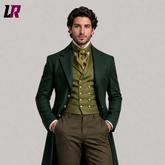 Close-up of men's green Regency Victorian tailcoat suit featuring premium tailoring and elegant historical detailing