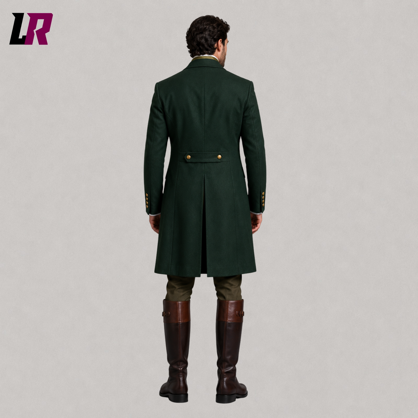 Back view of men's green Regency tailcoat suit showing the elegant long coat silhouette