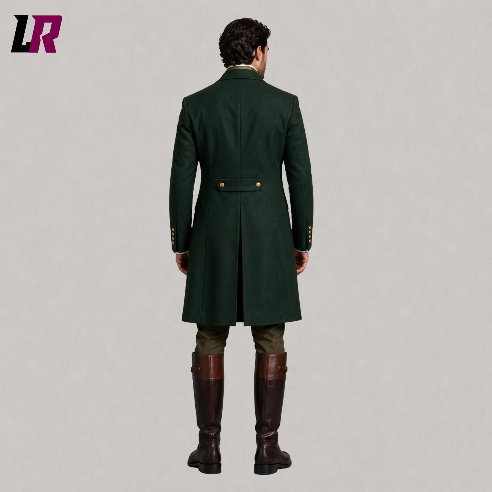 Back view of men's green Regency tailcoat suit showing the elegant long coat silhouette