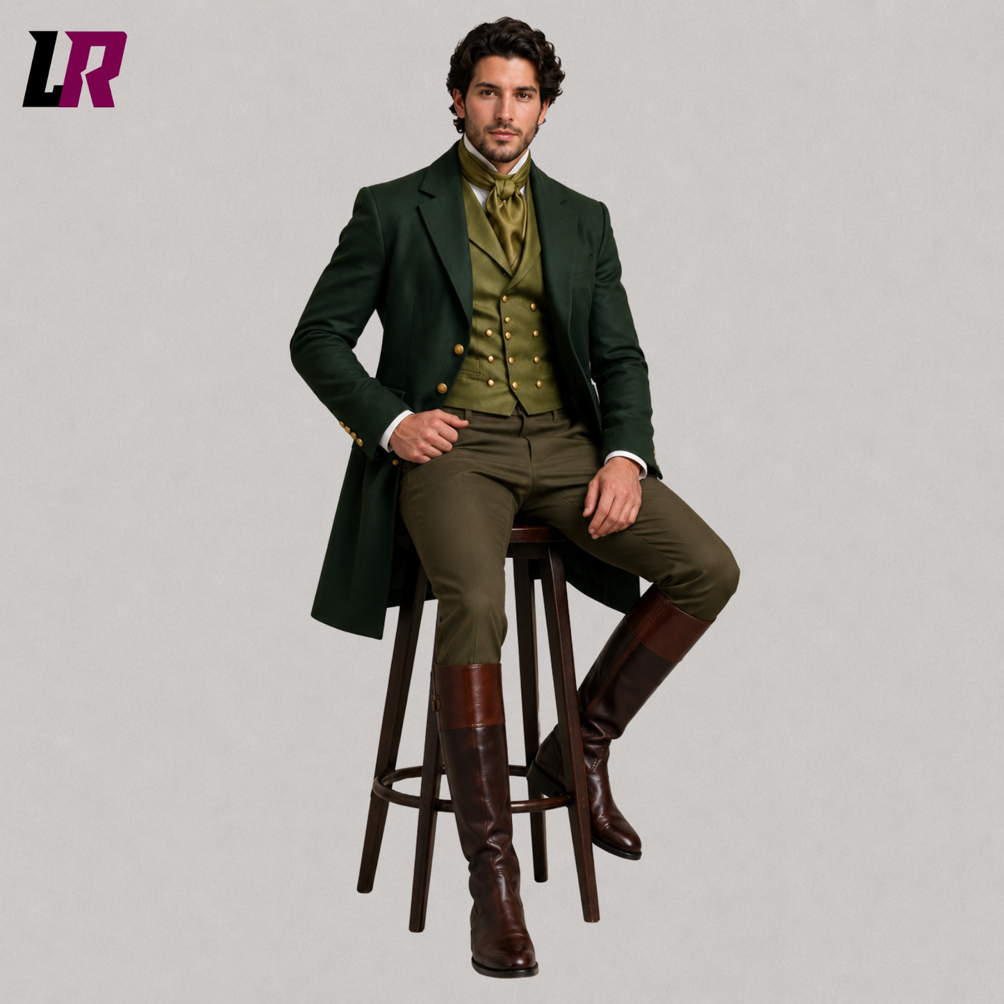 Man sitting on a stool wearing a green Regency Victorian 3-piece tailcoat suit for weddings and formal occasions