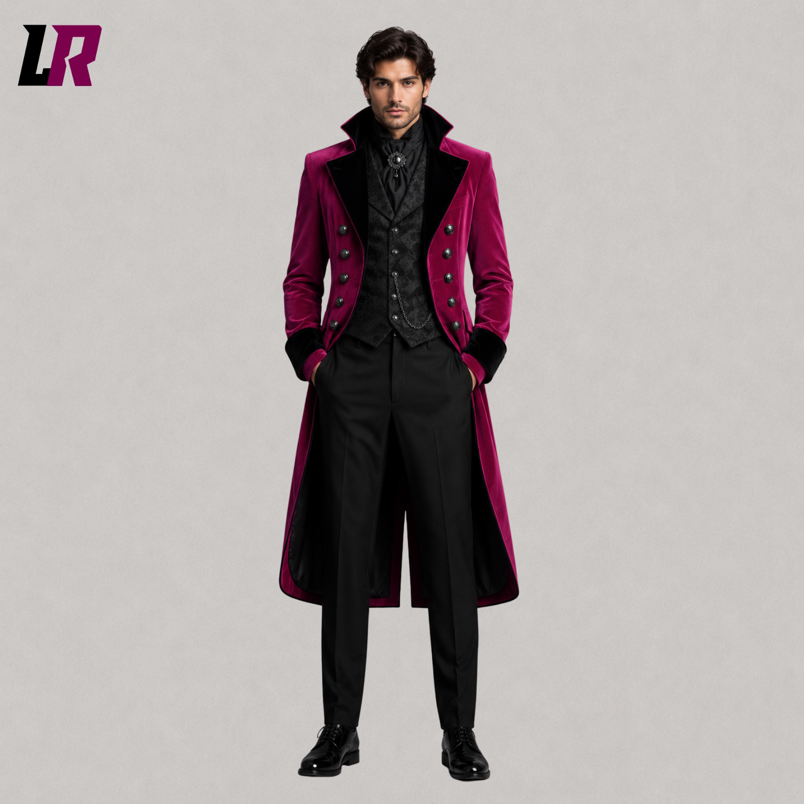 Front view of men's magenta Gothic Victorian 3-piece tailcoat suit with matching waistcoat and tailored trousers