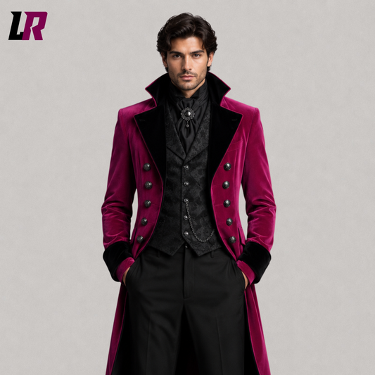 Close-up of men's magenta Gothic Victorian tailcoat suit featuring premium tailoring and luxurious formal detailing