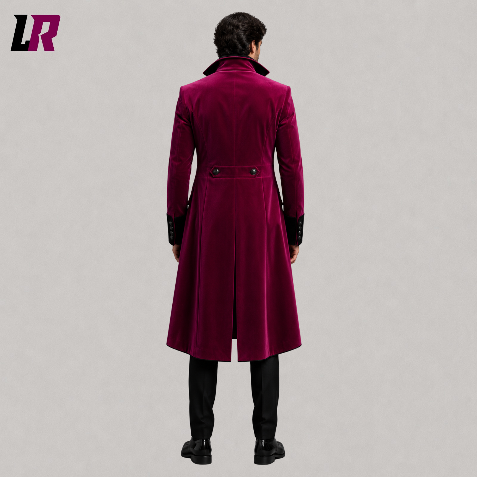Back view of men's magenta Victorian tailcoat suit showing the elegant long coat silhouette