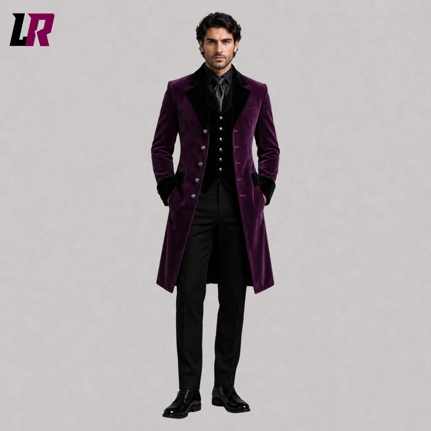 Front view of men's purple velvet Gothic Victorian 3-piece tailcoat suit with matching waistcoat and tailored trousers